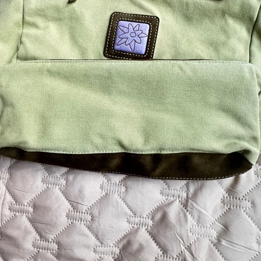 Vintage Sage Green Canvas Flower Tote Bag Brown Suede Trim‎ Y2K Aesthetic